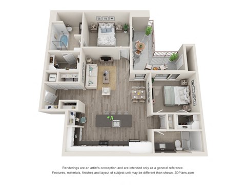 Floor plan for 2 beds, 2 baths, 1288 sqft